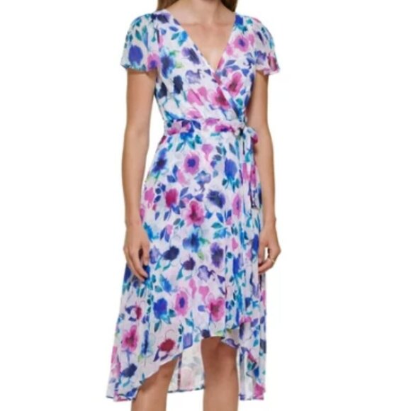 DKNY Short Sleeve Floral Print Faux Wrap Midi Dress - Purple Blue White - size 8 - Picture 11 of 11